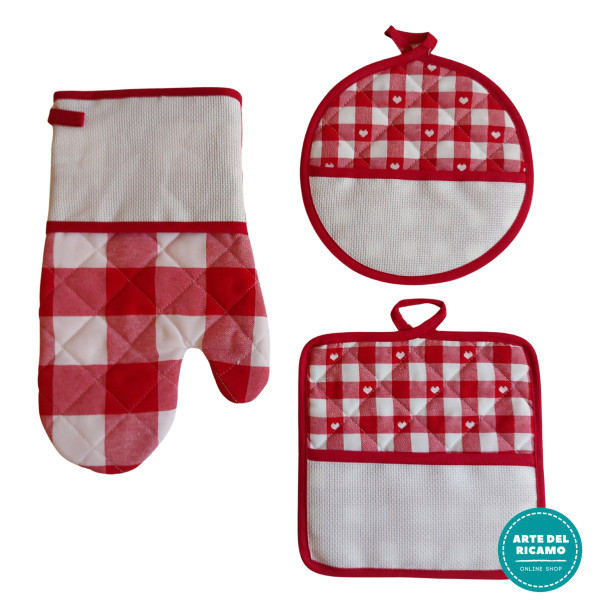 Set Cocina Agarradoras y Guante Horno para Bordar - Cuadros y Corazones Rojos